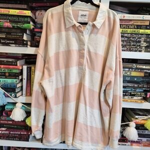 Aerie Pink and White Striped Shirt Collared Oversized Rugby Pullover